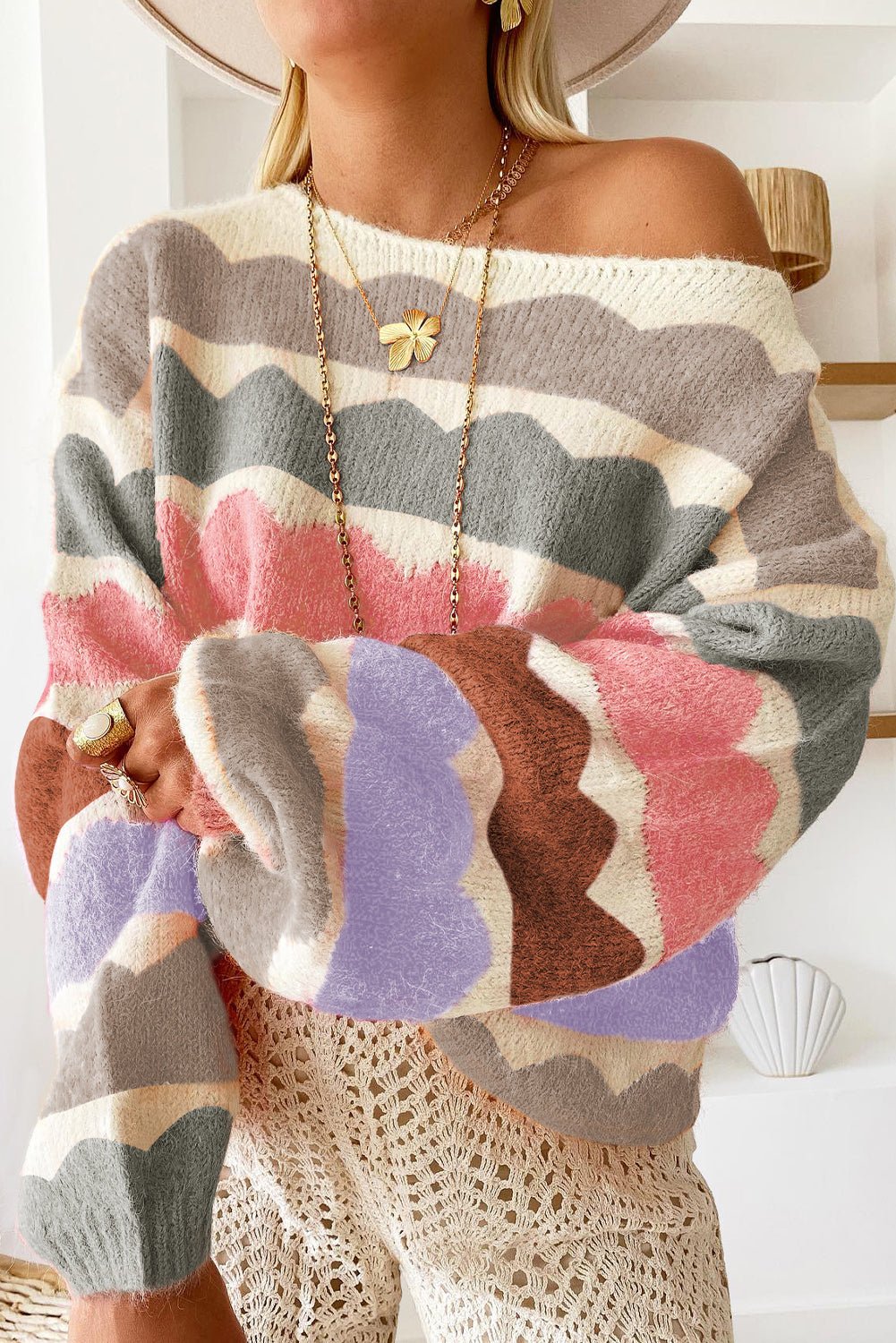 Gray Wave Striped Balloon Sleeve Drop Shoulder Sweater - Crowned Energy CO.