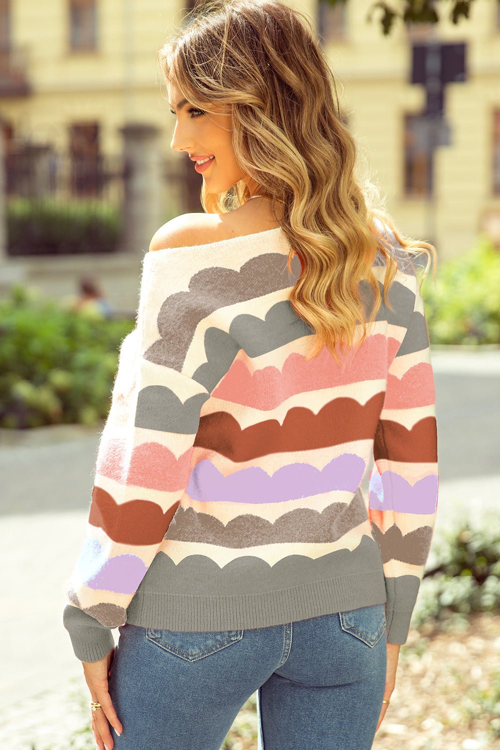 Gray Wave Striped Balloon Sleeve Drop Shoulder Sweater - Crowned Energy CO.