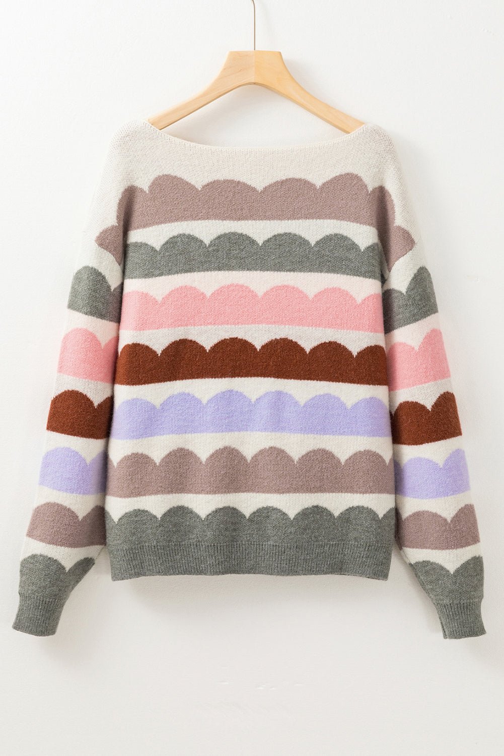 Gray Wave Striped Balloon Sleeve Drop Shoulder Sweater - Crowned Energy CO.