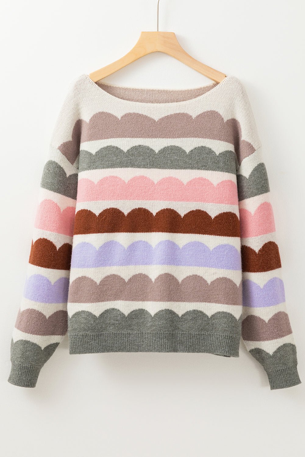 Gray Wave Striped Balloon Sleeve Drop Shoulder Sweater - Crowned Energy CO.