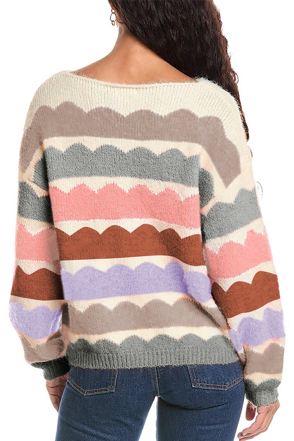 Gray Wave Striped Balloon Sleeve Drop Shoulder Sweater - Crowned Energy CO.