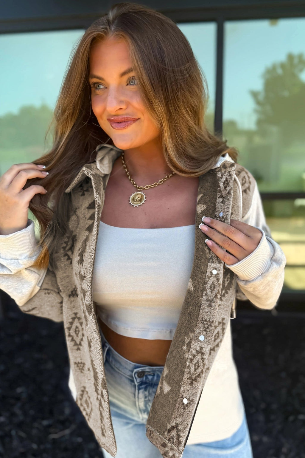 Gray Western Aztec Print Color Block Patchwork Drawstring Hooded Shacket - Crowned Energy CO.