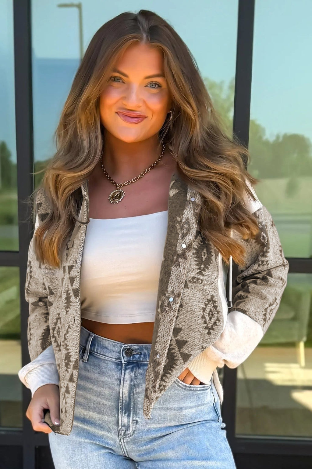 Gray Western Aztec Print Color Block Patchwork Drawstring Hooded Shacket - Crowned Energy CO.