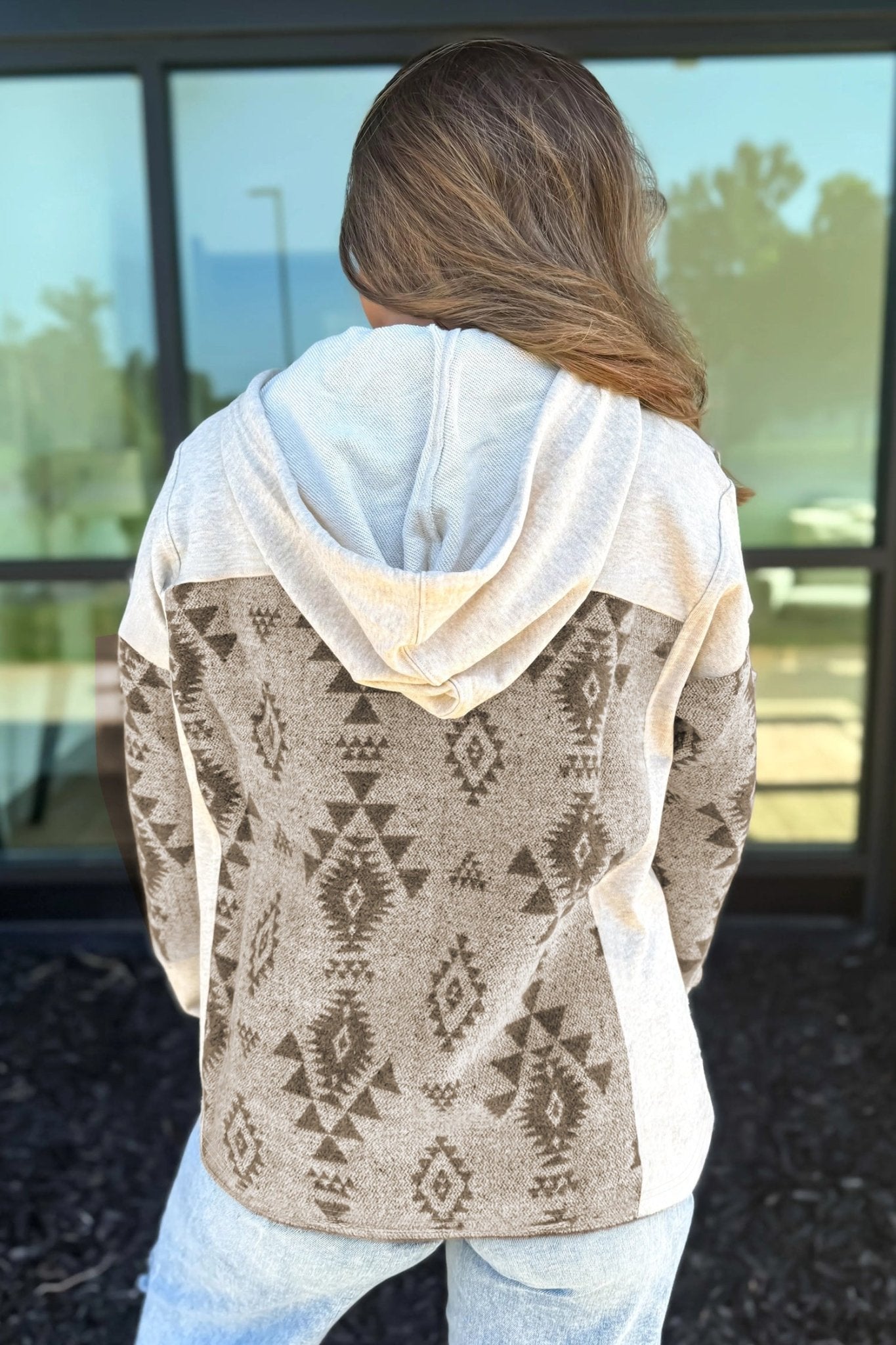 Gray Western Aztec Print Color Block Patchwork Drawstring Hooded Shacket - Crowned Energy CO.