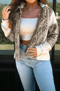 Gray Western Aztec Print Color Block Patchwork Drawstring Hooded Shacket - Crowned Energy CO.