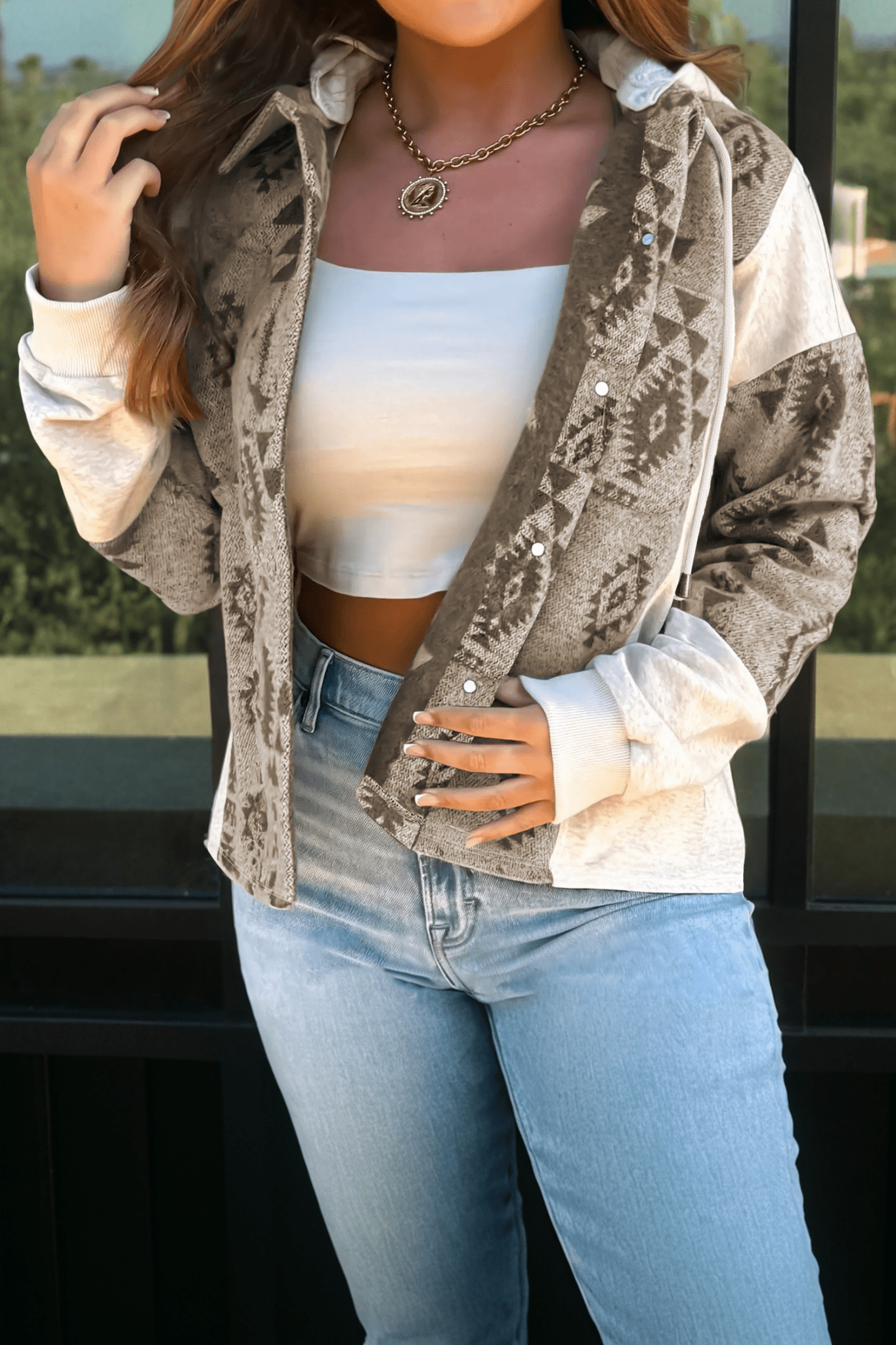 Gray Western Aztec Print Color Block Patchwork Drawstring Hooded Shacket - Crowned Energy CO.