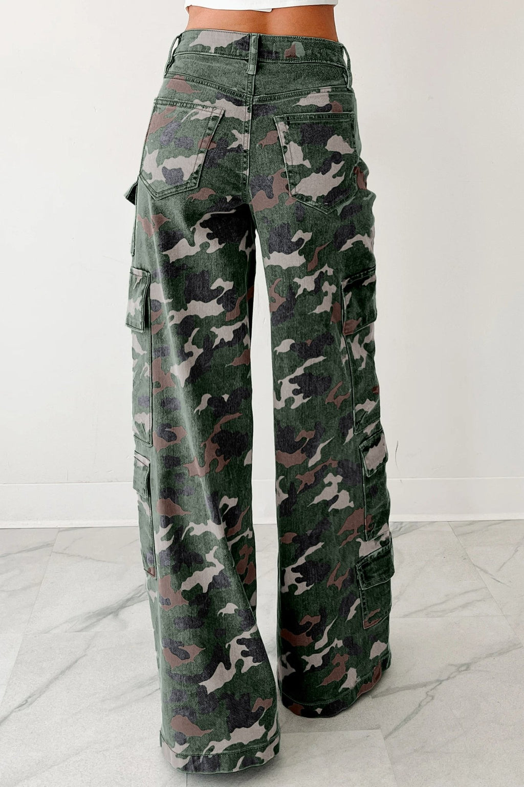 Green Camo Cargo Wide Leg Pants - Crowned Energy CO.