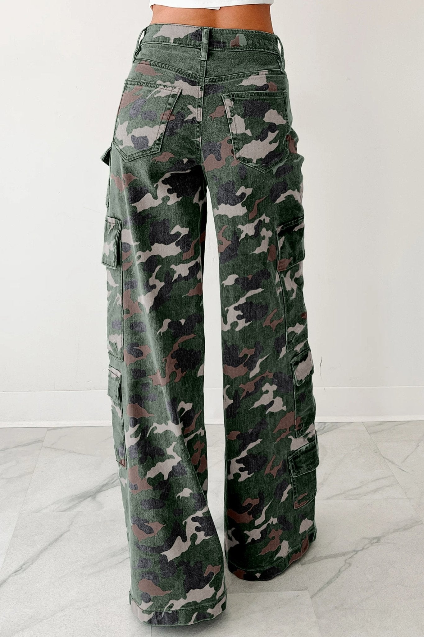 Green Camo Cargo Wide Leg Pants - Crowned Energy CO.