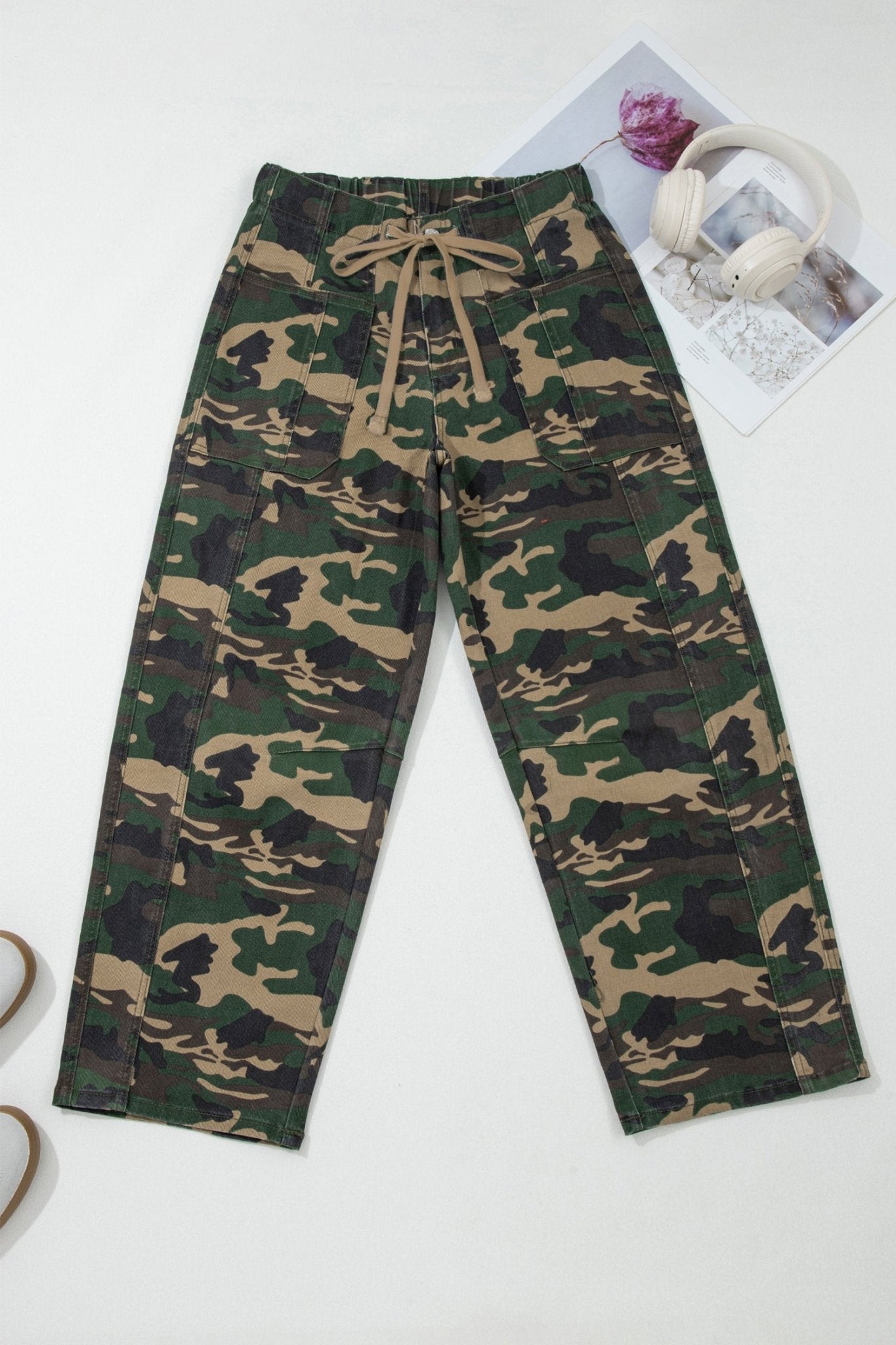Green Camouflage Print Drawstring Patch Pocket Barrel Jeans - Crowned Energy CO.