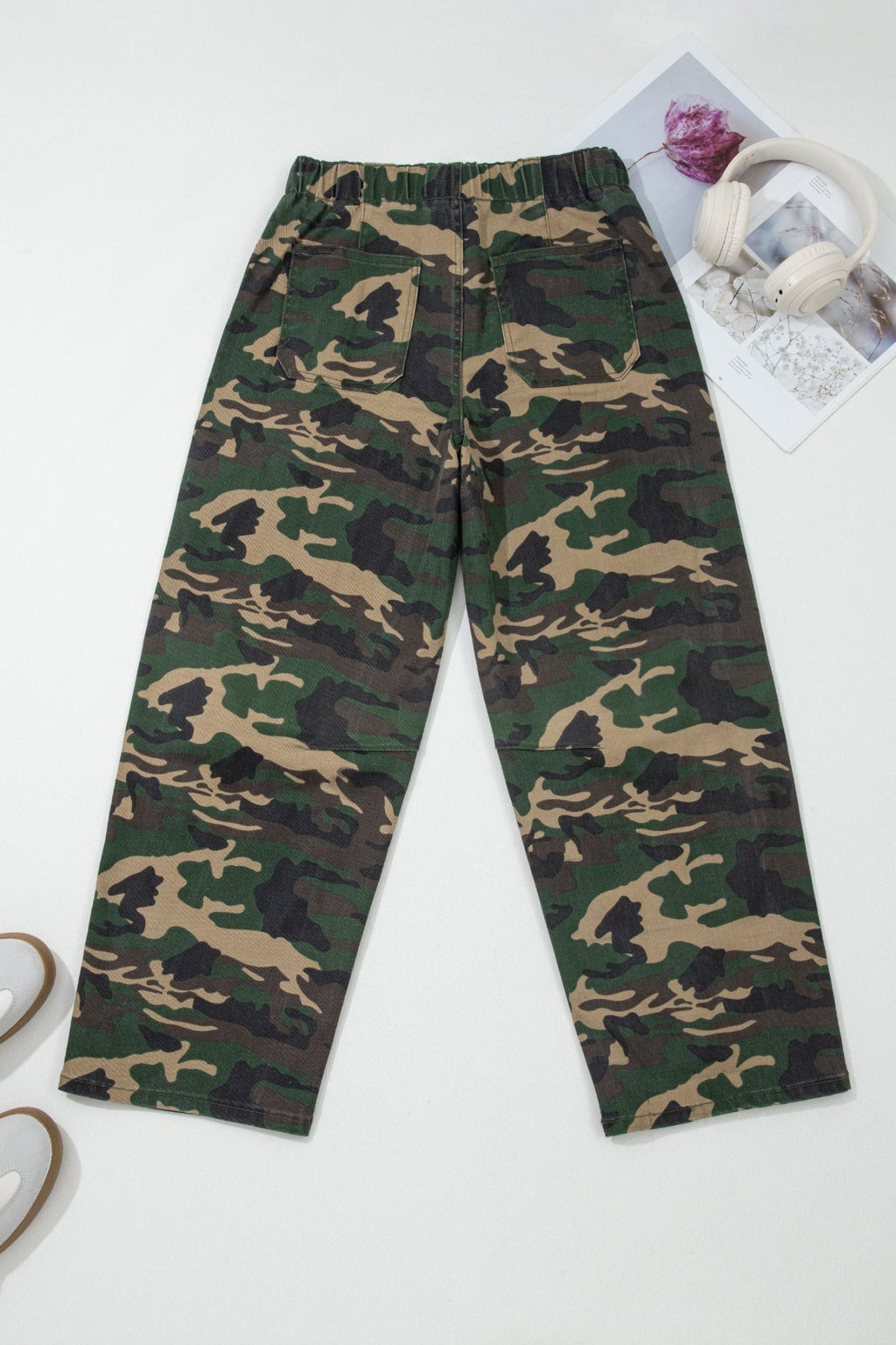 Green Camouflage Print Drawstring Patch Pocket Barrel Jeans - Crowned Energy CO.