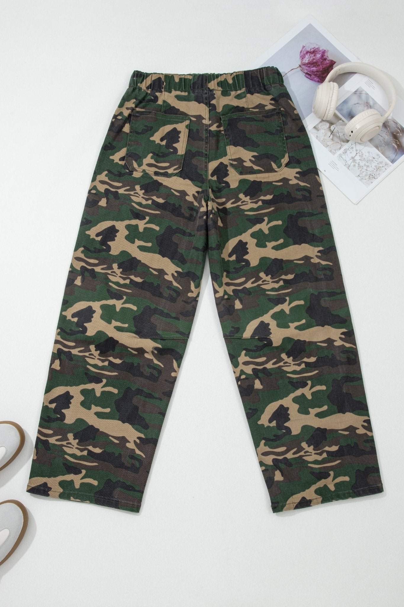 Green Camouflage Print Drawstring Patch Pocket Barrel Jeans - Crowned Energy CO.