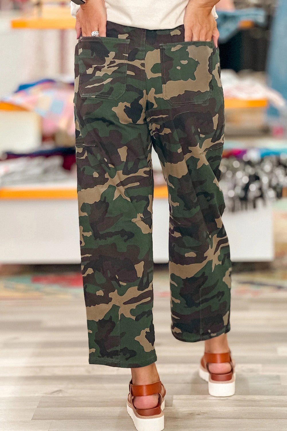 Green Camouflage Print Drawstring Patch Pocket Barrel Jeans - Crowned Energy CO.