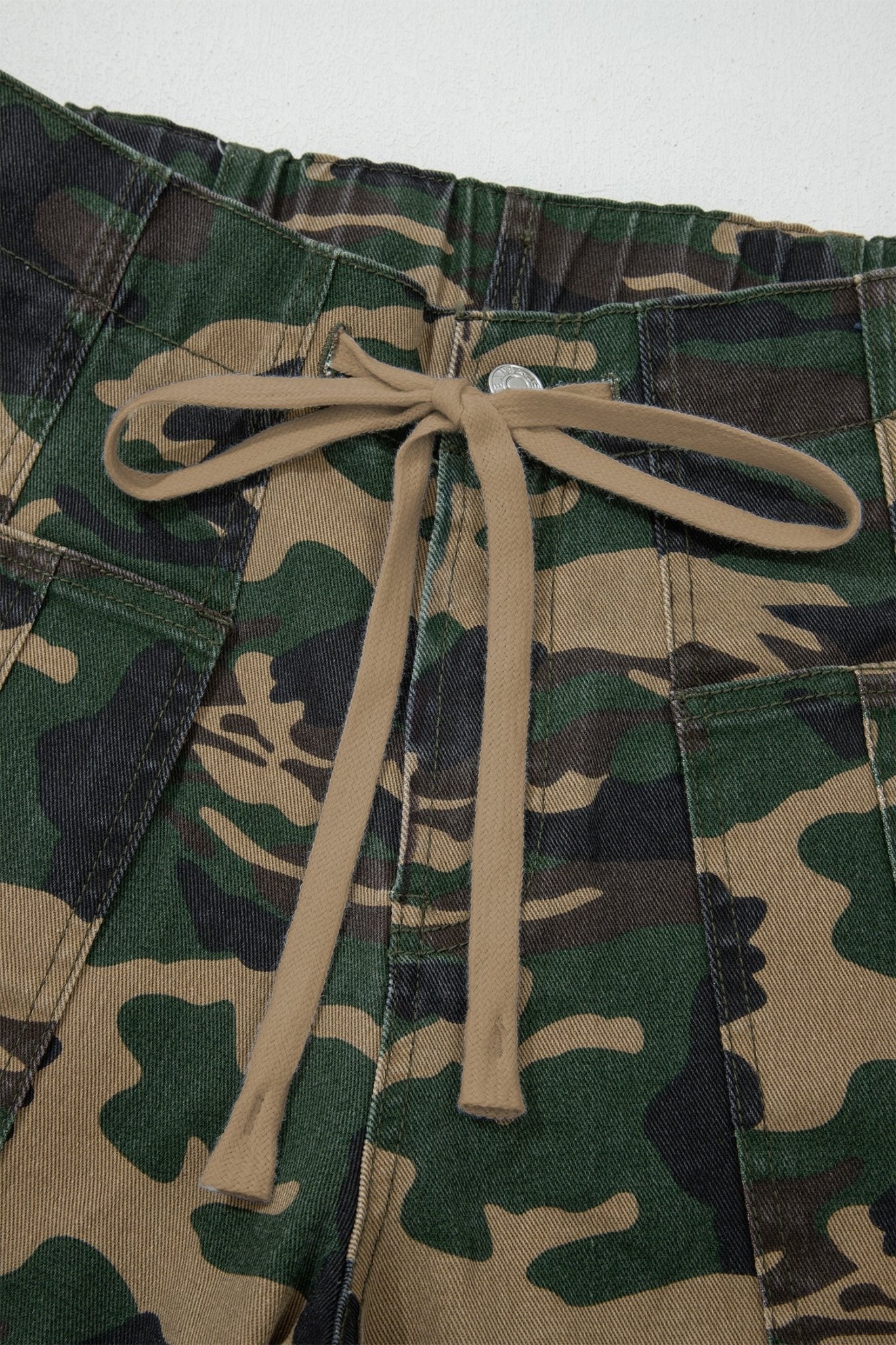 Green Camouflage Print Drawstring Patch Pocket Barrel Jeans - Crowned Energy CO.