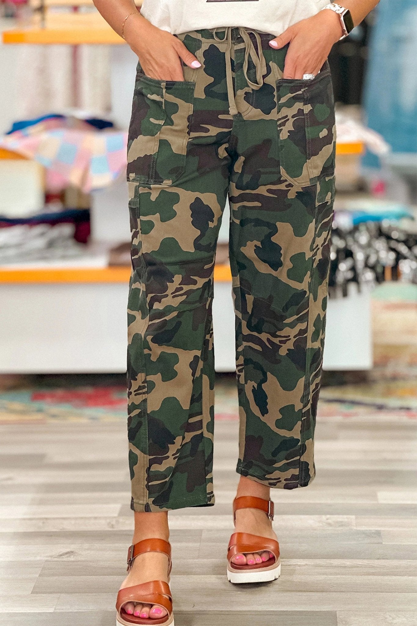 Green Camouflage Print Drawstring Patch Pocket Barrel Jeans - Crowned Energy CO.