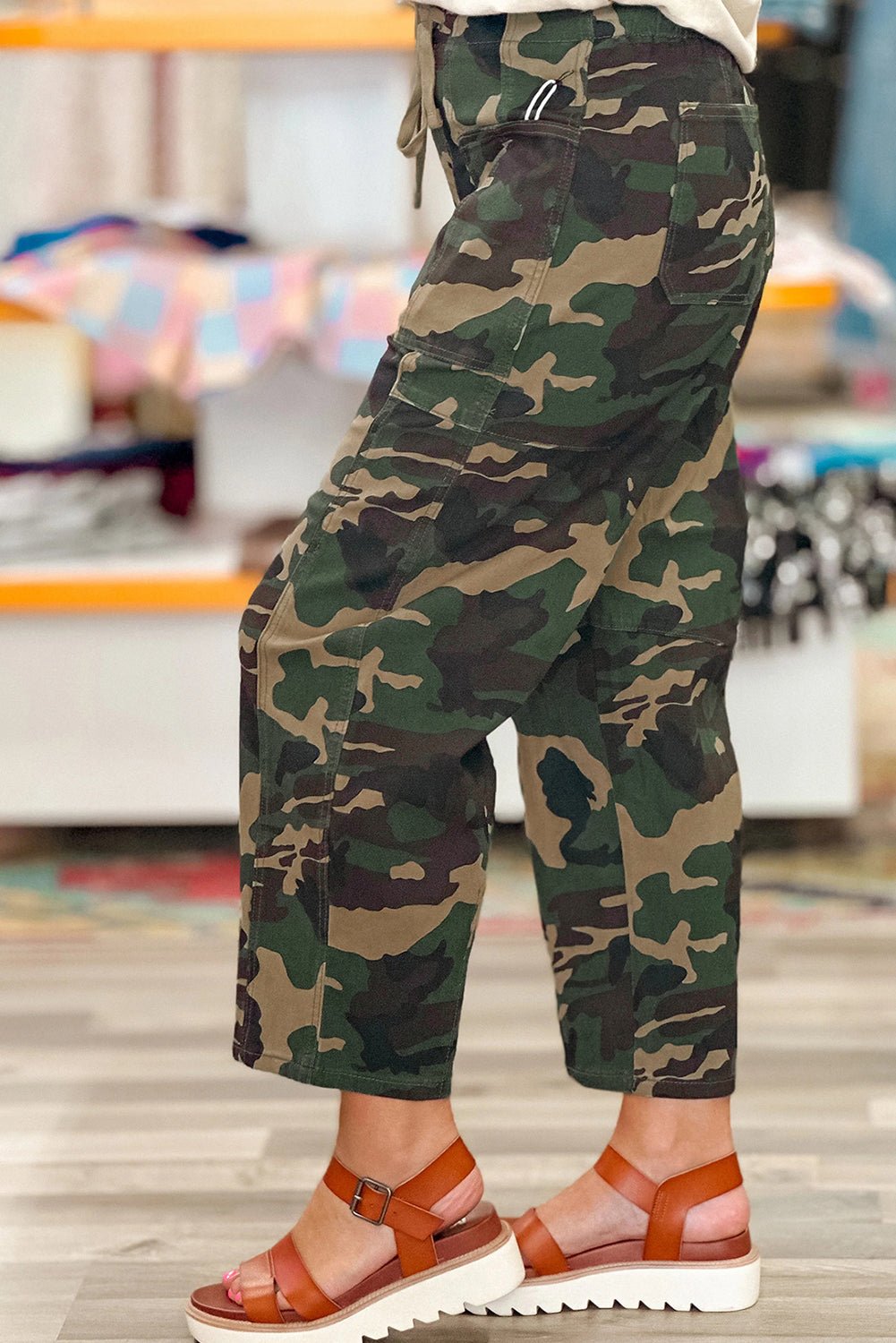 Green Camouflage Print Drawstring Patch Pocket Barrel Jeans - Crowned Energy CO.