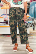 Green Camouflage Print Drawstring Patch Pocket Barrel Jeans - Crowned Energy CO.