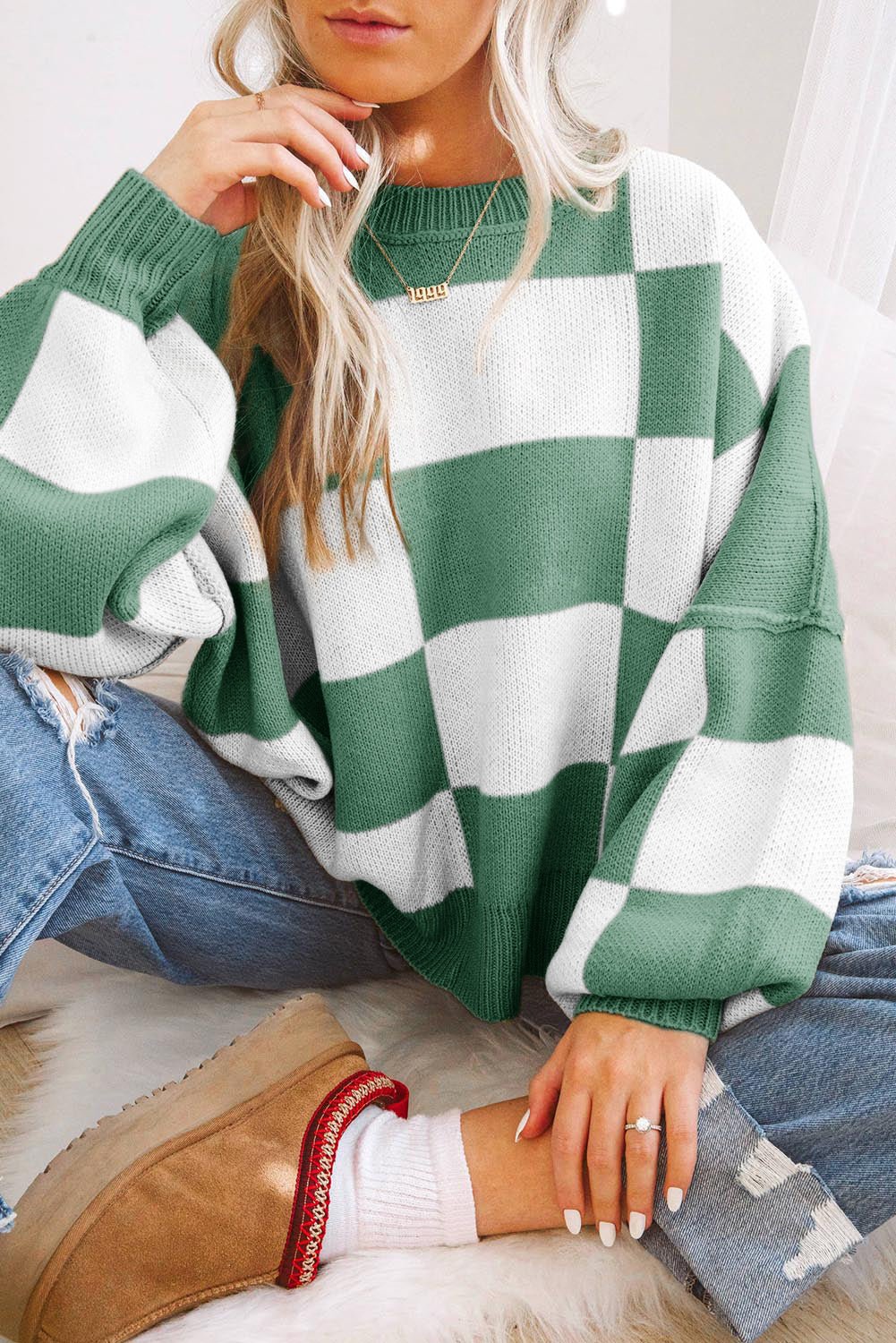 Green Checkered Bishop Sleeve Sweater - Crowned Energy CO.
