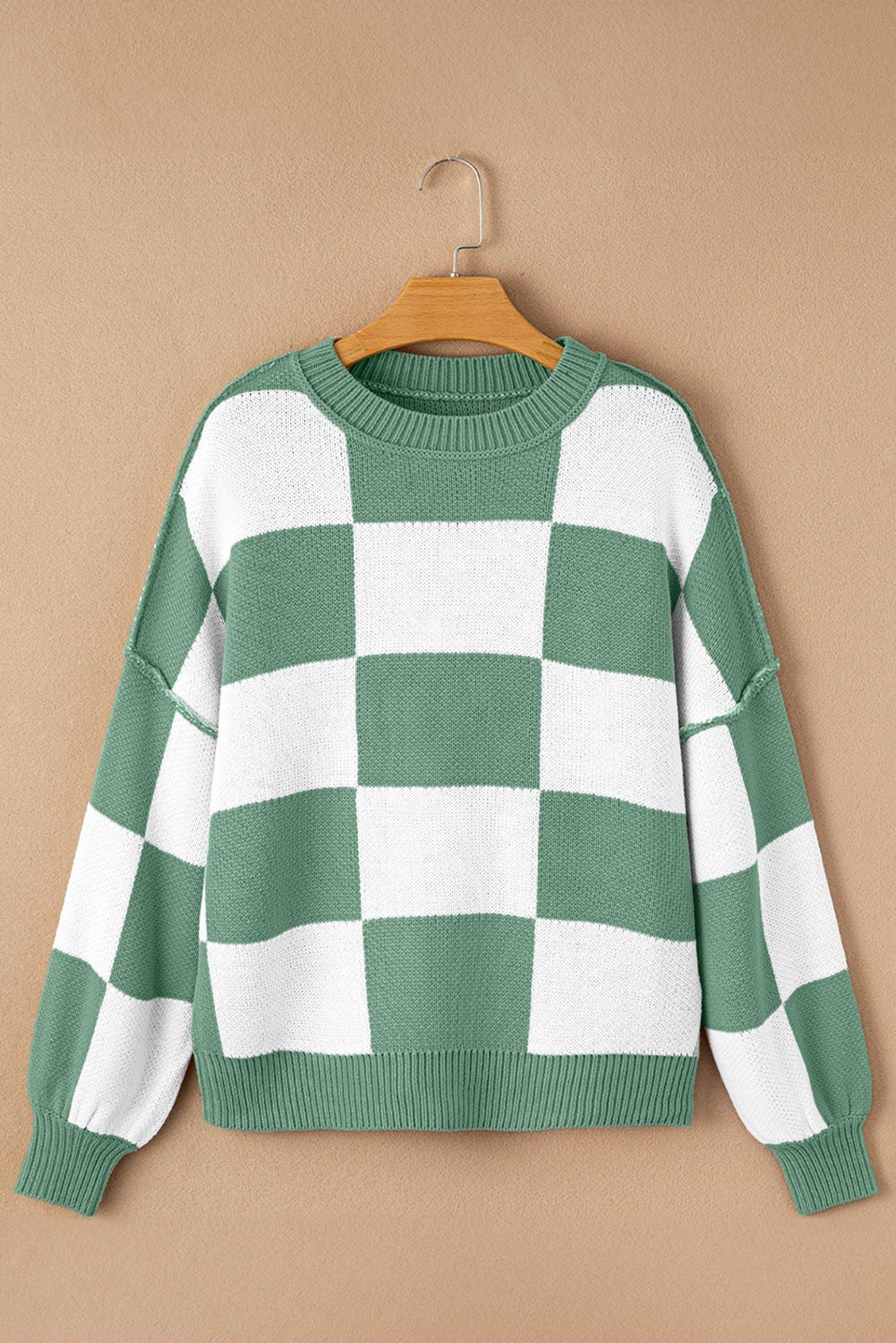Green Checkered Bishop Sleeve Sweater - Crowned Energy CO.