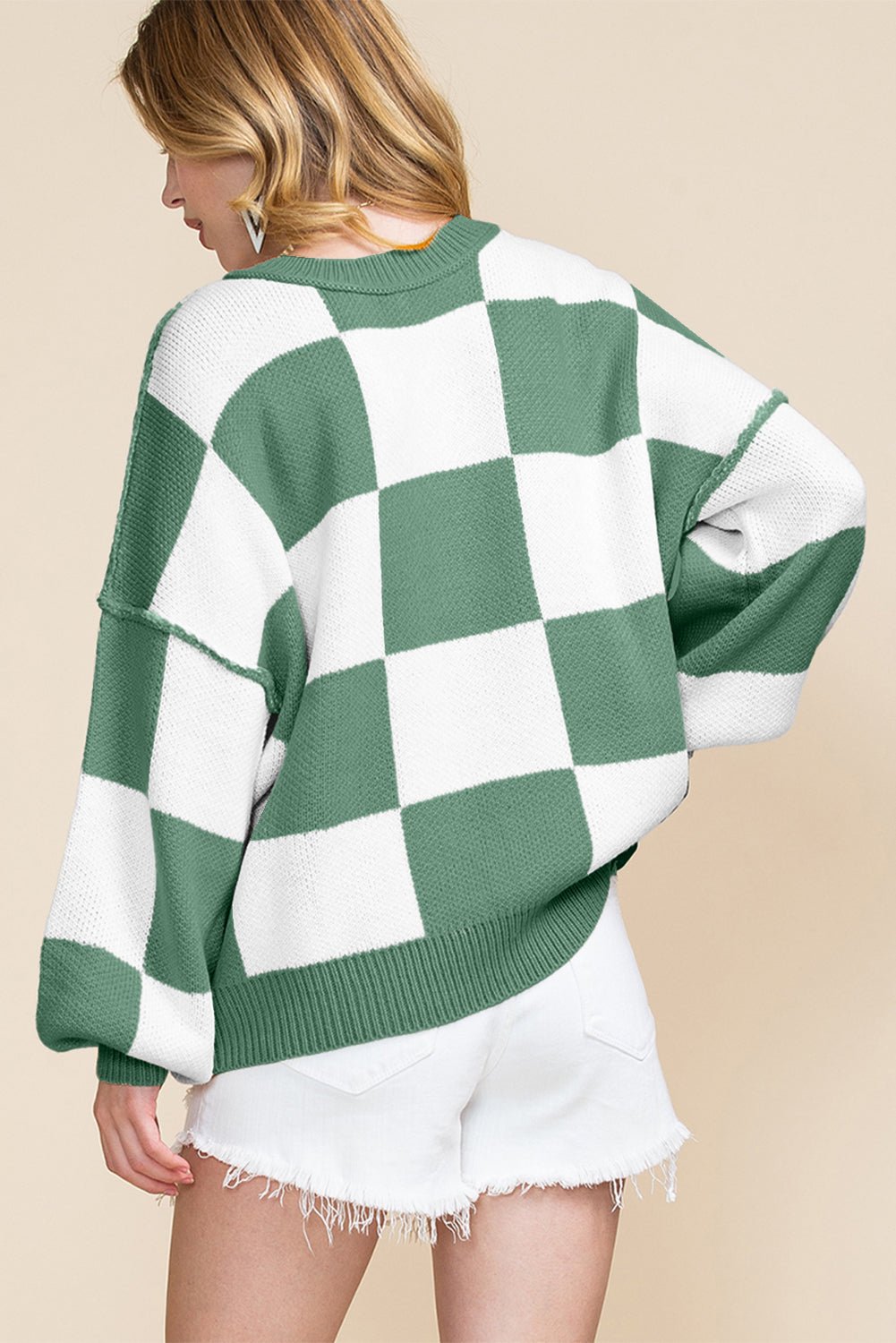 Green Checkered Bishop Sleeve Sweater - Crowned Energy CO.