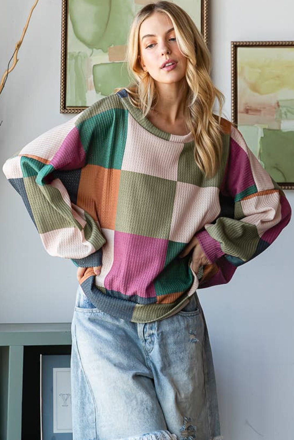 Green Checkered Print Textured Knit Long Sleeve Loose Top - Crowned Energy CO.
