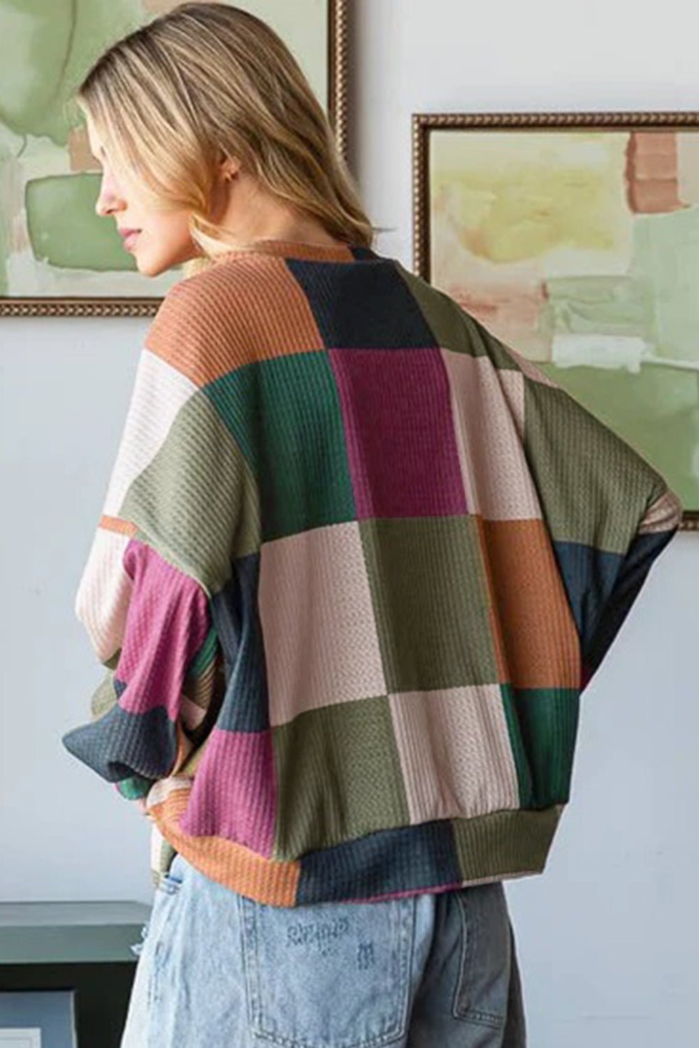 Green Checkered Print Textured Knit Long Sleeve Loose Top - Crowned Energy CO.