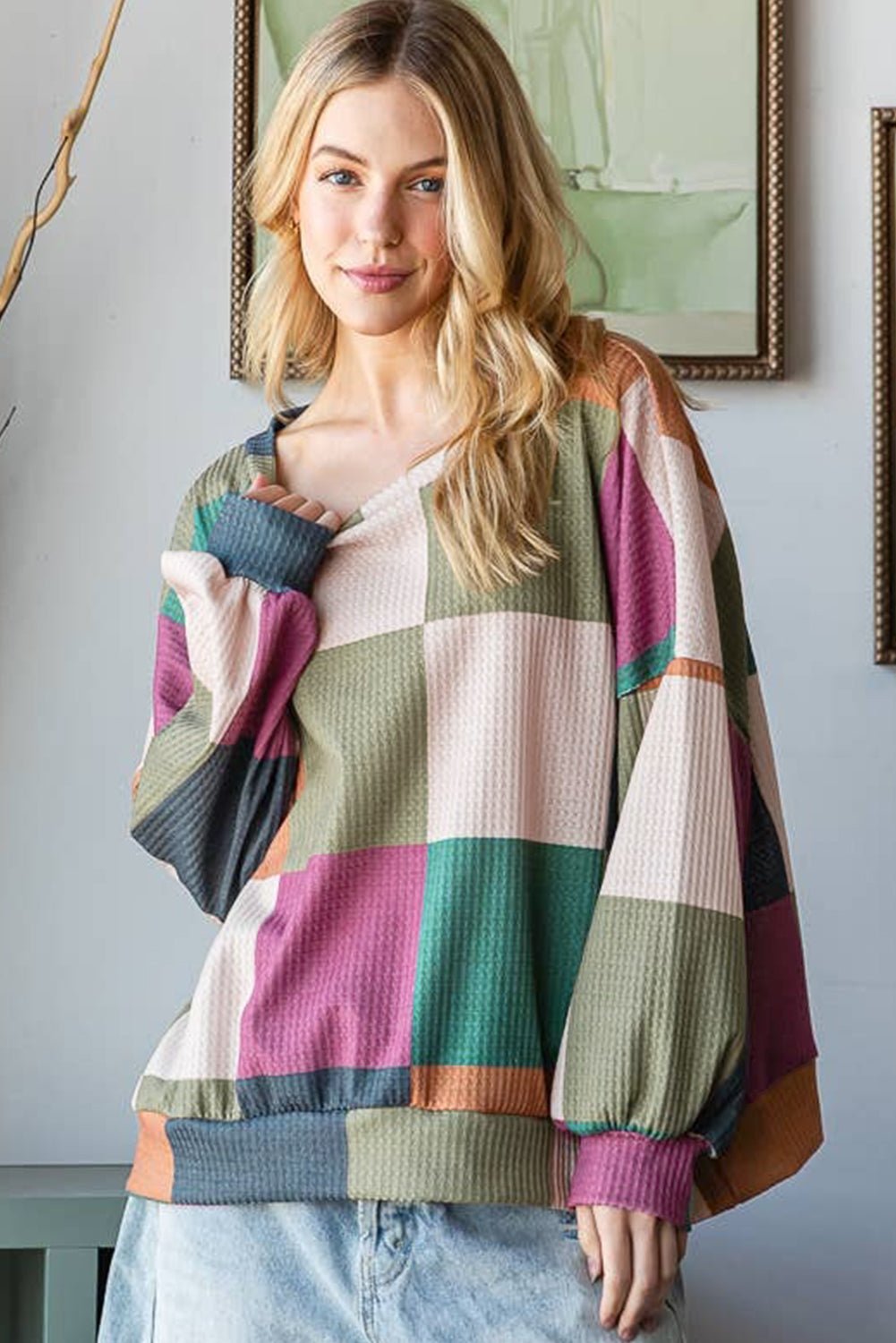 Green Checkered Print Textured Knit Long Sleeve Loose Top - Crowned Energy CO.