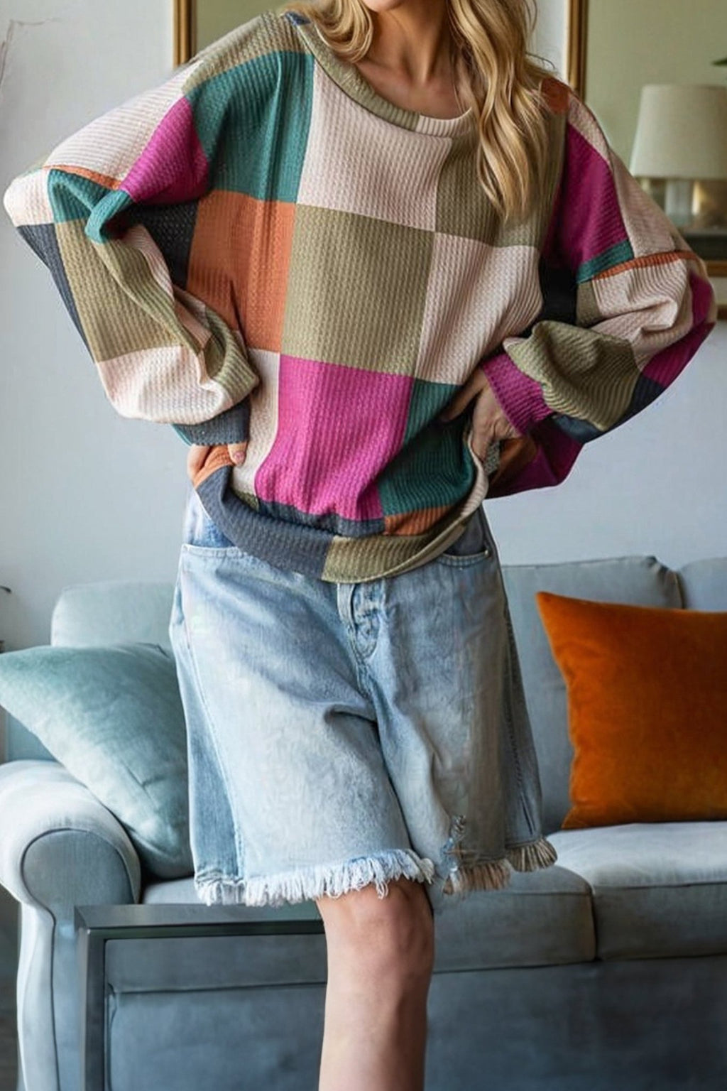 Green Checkered Print Textured Knit Long Sleeve Loose Top - Crowned Energy CO.