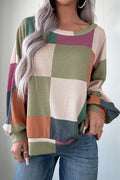 Green Checkered Print Textured Knit Long Sleeve Loose Top - Crowned Energy CO.