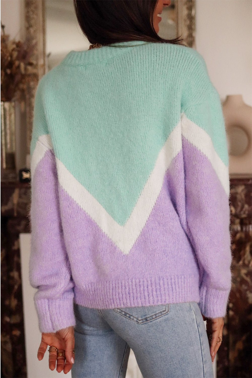 Green Chevron Colorblock Ribbed Knit Drop Shoulder Sweater - Crowned Energy CO.