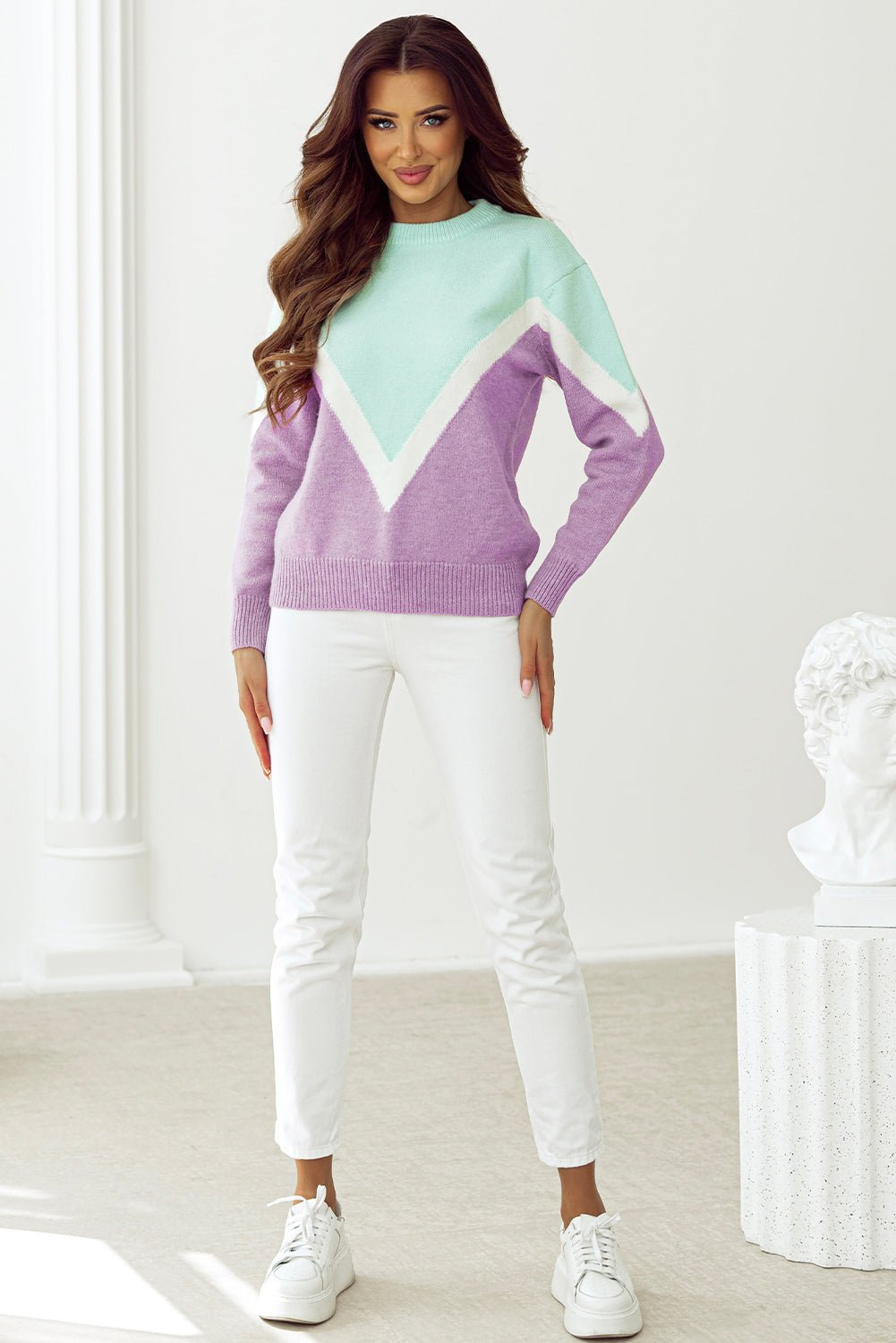 Green Chevron Colorblock Ribbed Knit Drop Shoulder Sweater - Crowned Energy CO.