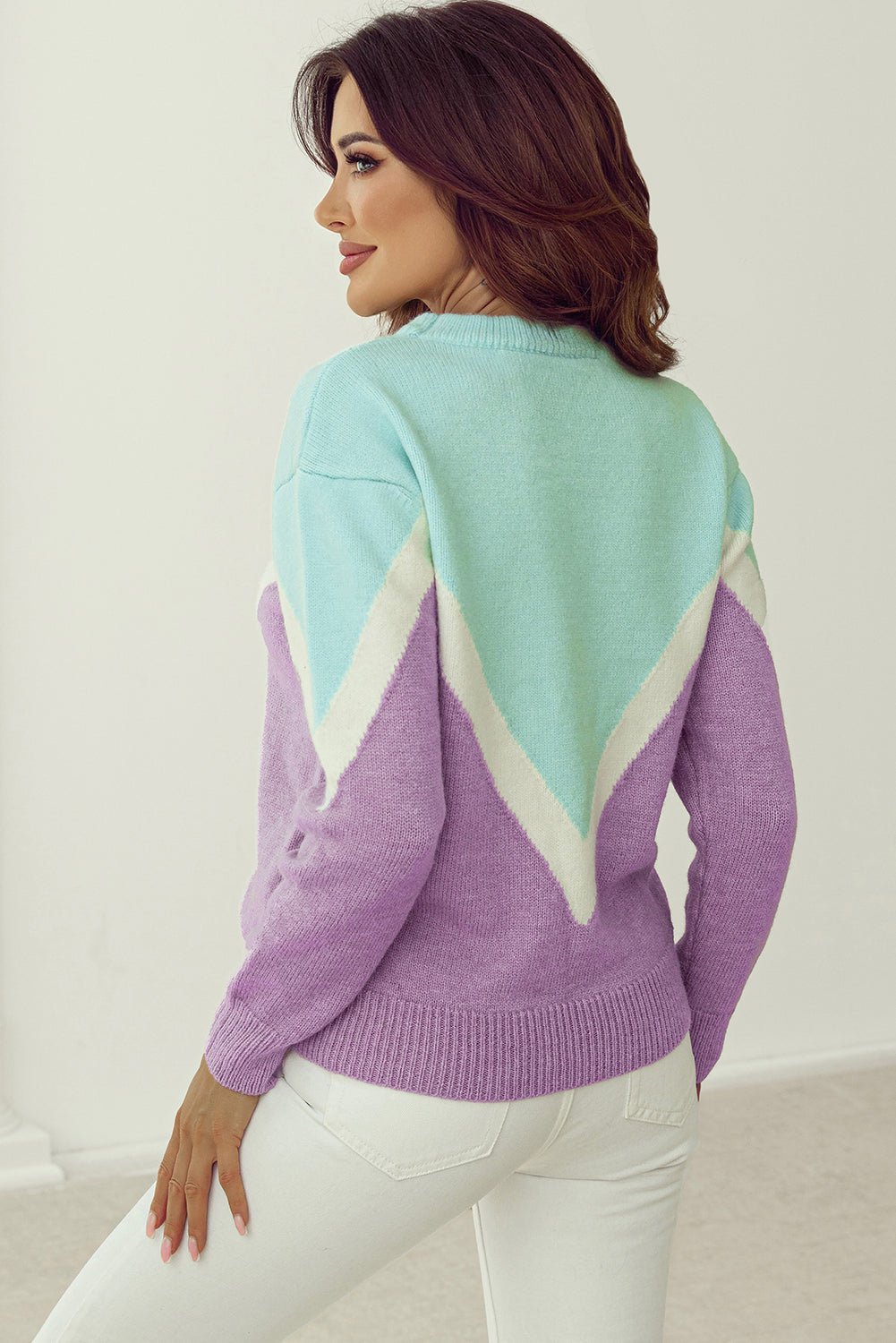 Green Chevron Colorblock Ribbed Knit Drop Shoulder Sweater - Crowned Energy CO.