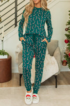 Green Christmas Candy Cane Printed Top and Pants Lounge Set - Goddess Vibes