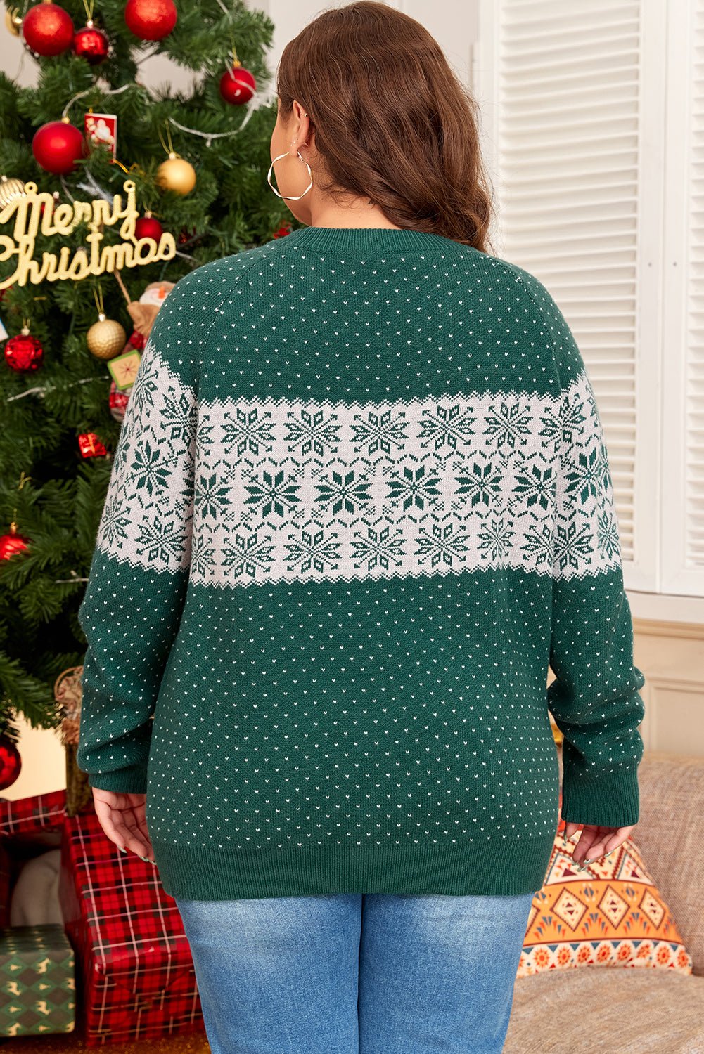 Green Christmas Snowflake Pattern Drop Shoulder Plus Size Sweater - Crowned Energy CO.