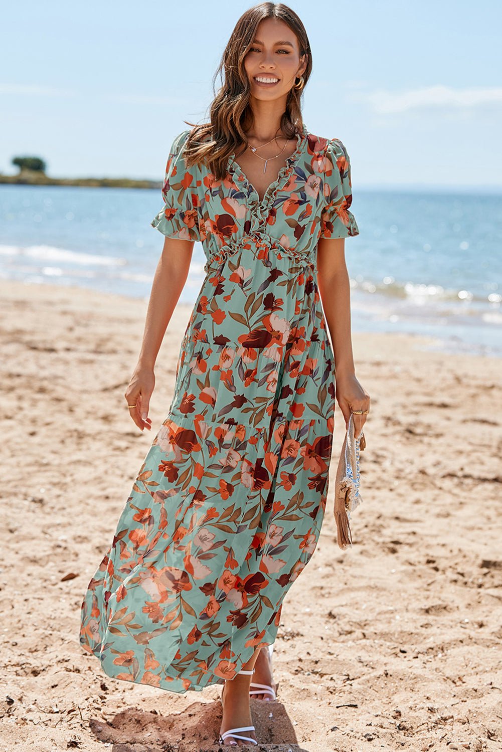Green Fiery Floral Print Frilled V Neck Short Sleeve Maxi Dress - Crowned Energy CO.