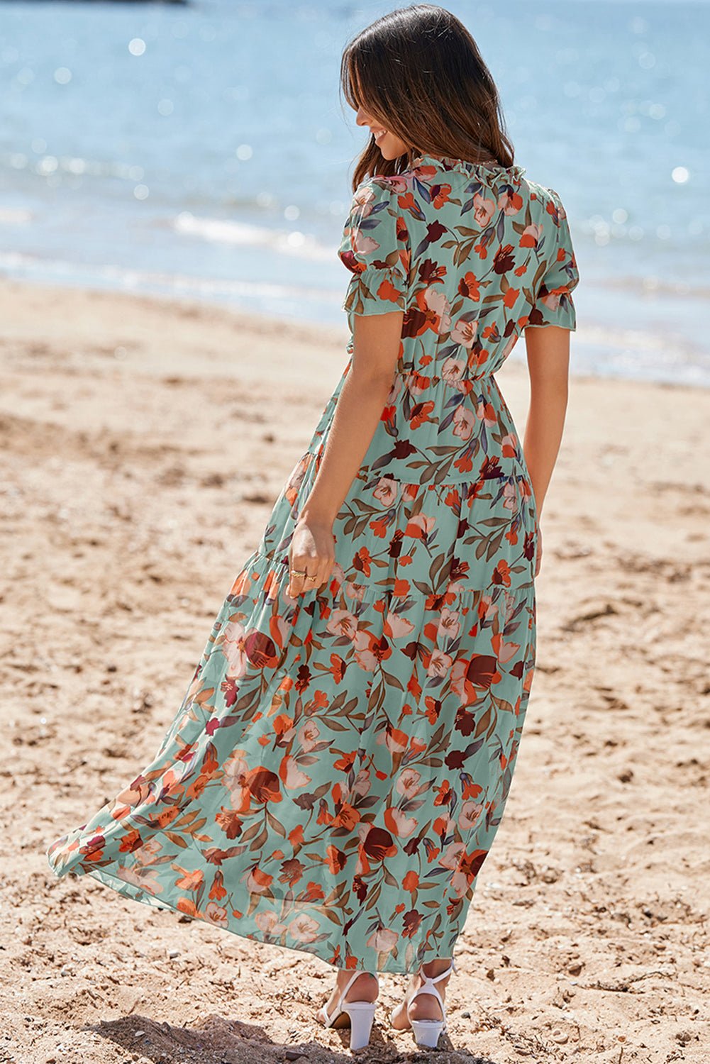 Green Fiery Floral Print Frilled V Neck Short Sleeve Maxi Dress - Crowned Energy CO.