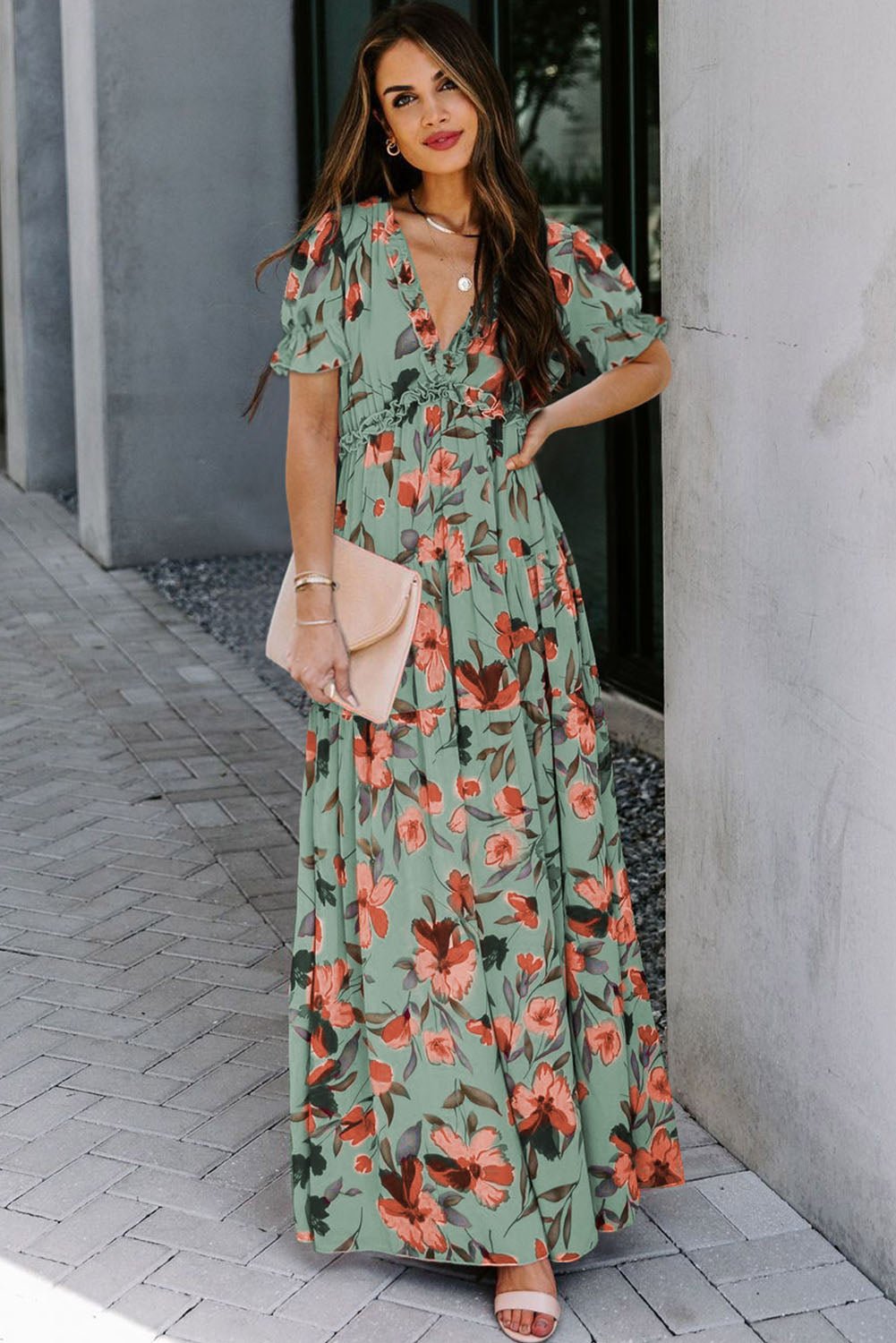 Green Fiery Floral Print Frilled V Neck Short Sleeve Maxi Dress - Crowned Energy CO.