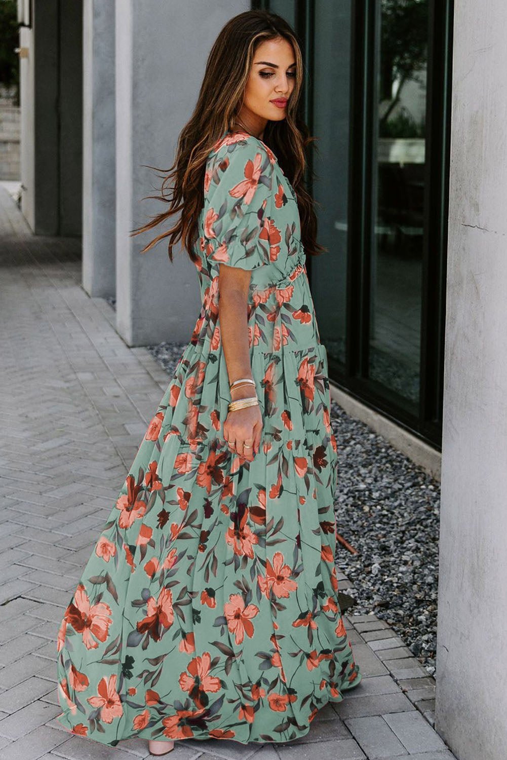 Green Fiery Floral Print Frilled V Neck Short Sleeve Maxi Dress - Crowned Energy CO.