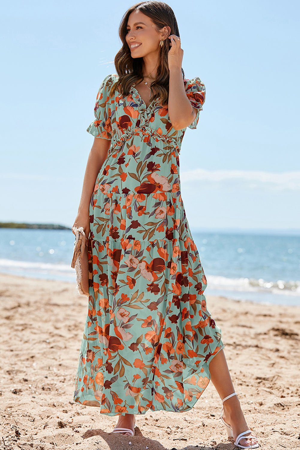Green Fiery Floral Print Frilled V Neck Short Sleeve Maxi Dress - Crowned Energy CO.