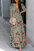 Green Fiery Floral Print Frilled V Neck Short Sleeve Maxi Dress - Crowned Energy CO.