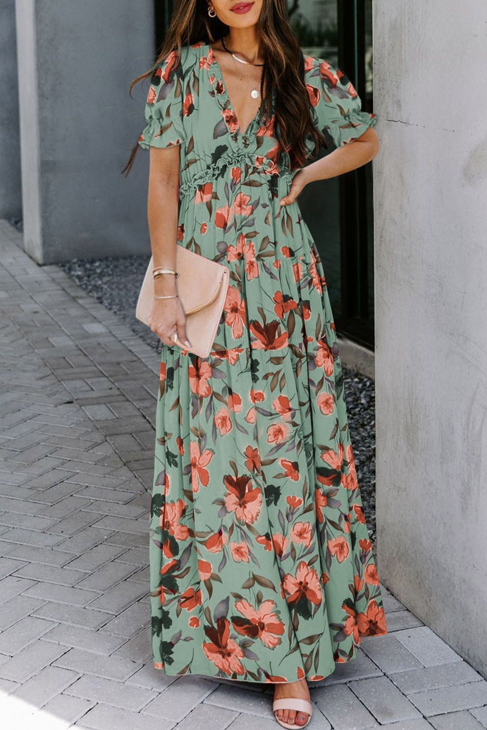Green Fiery Floral Print Frilled V Neck Short Sleeve Maxi Dress - Crowned Energy CO.