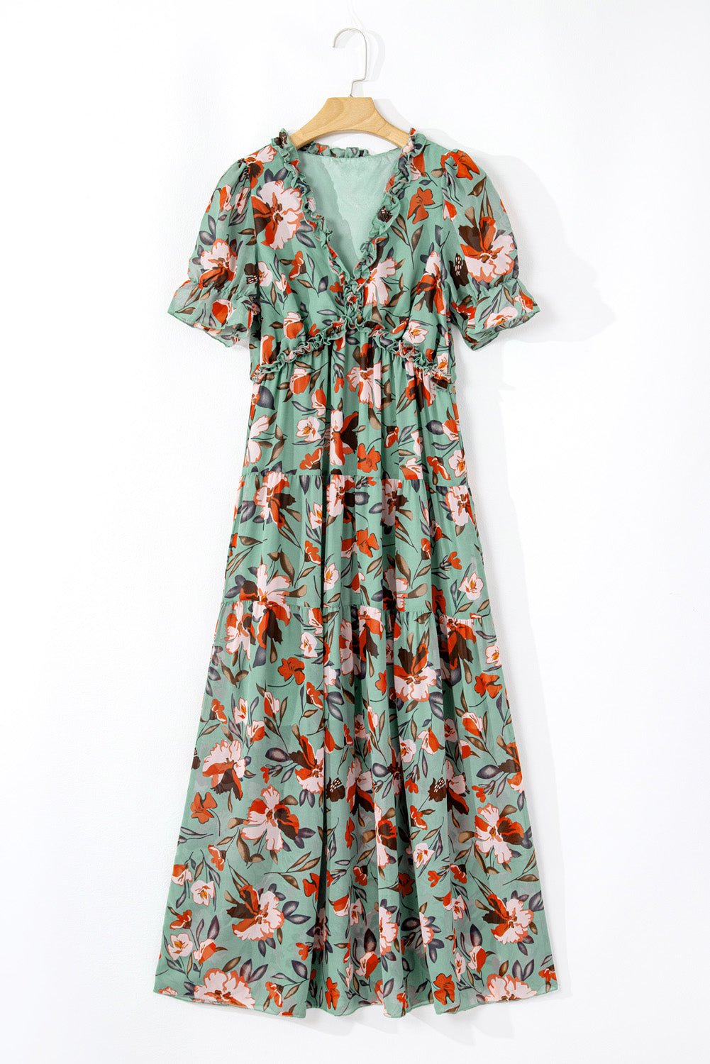 Green Fiery Floral Print Frilled V Neck Short Sleeve Maxi Dress - Crowned Energy CO.