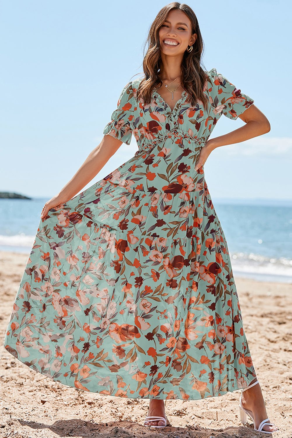 Green Fiery Floral Print Frilled V Neck Short Sleeve Maxi Dress - Crowned Energy CO.