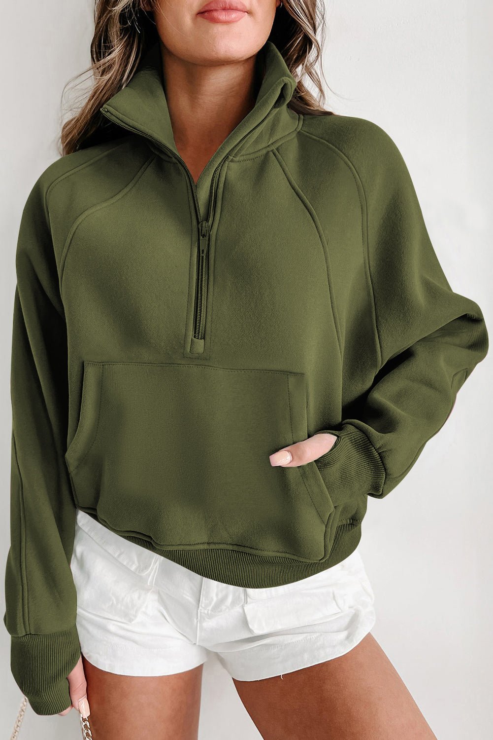Crowned Energy CO. Green / S / 50%Polyester+50%Cotton Dear-Lover Dropshipping Tops/Sweatshirts & Hoodies Green Fleece Lined Zip Up Stand Collar Thumbhole Sleeve Sweatshirt