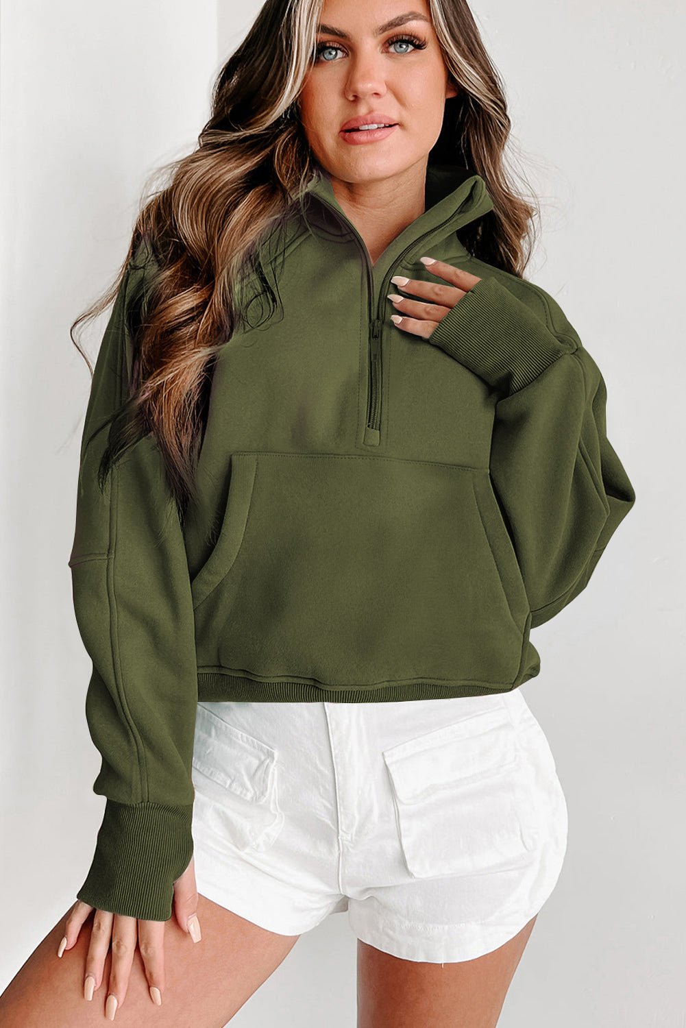 Crowned Energy CO. Green / S / 50%Polyester+50%Cotton Dear-Lover Dropshipping Tops/Sweatshirts & Hoodies Green Fleece Lined Zip Up Stand Collar Thumbhole Sleeve Sweatshirt