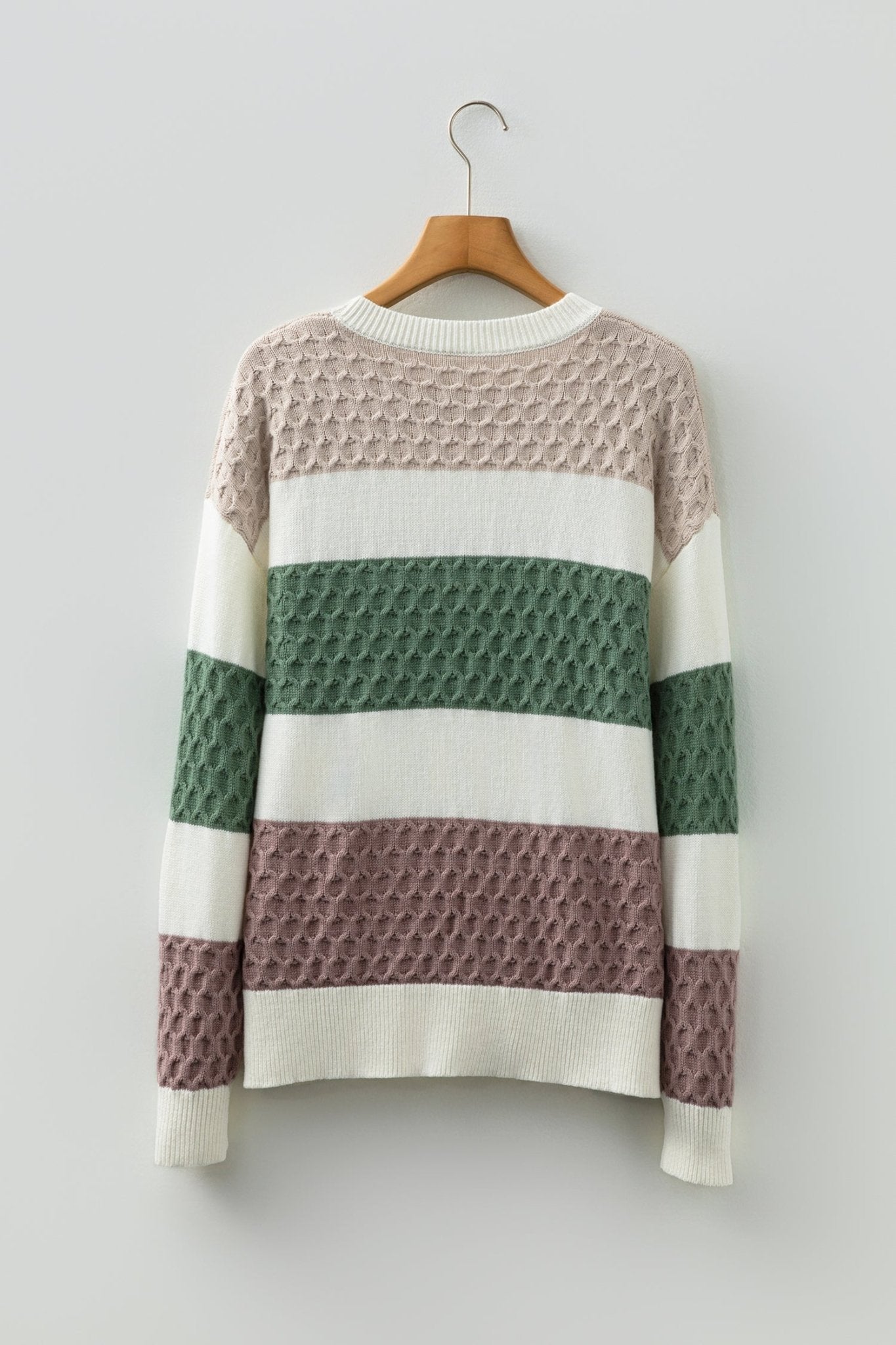 Green Mixed Texture Knit Striped Color Block Loose Sweater - Crowned Energy CO.