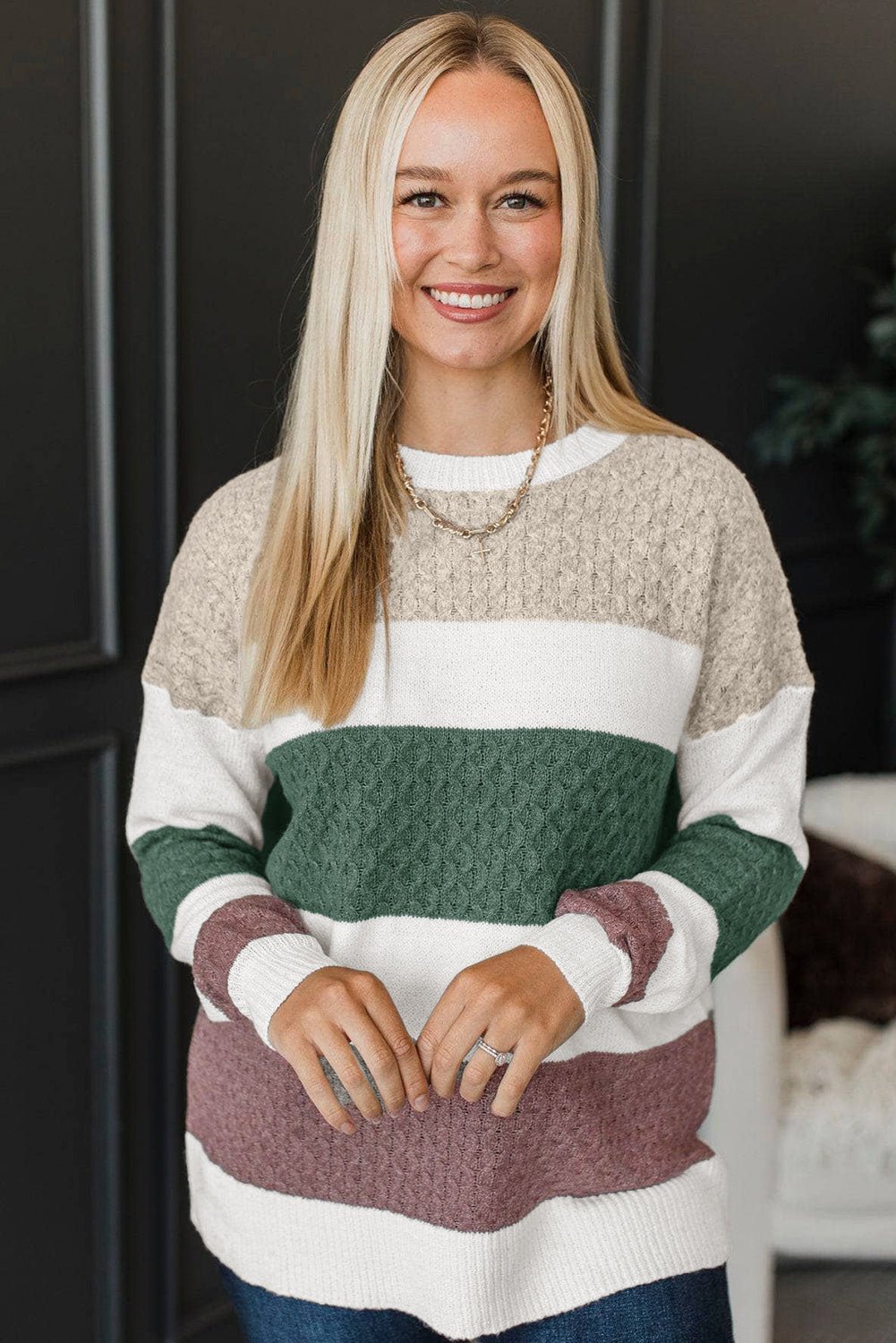 Green Mixed Texture Knit Striped Color Block Loose Sweater - Crowned Energy CO.