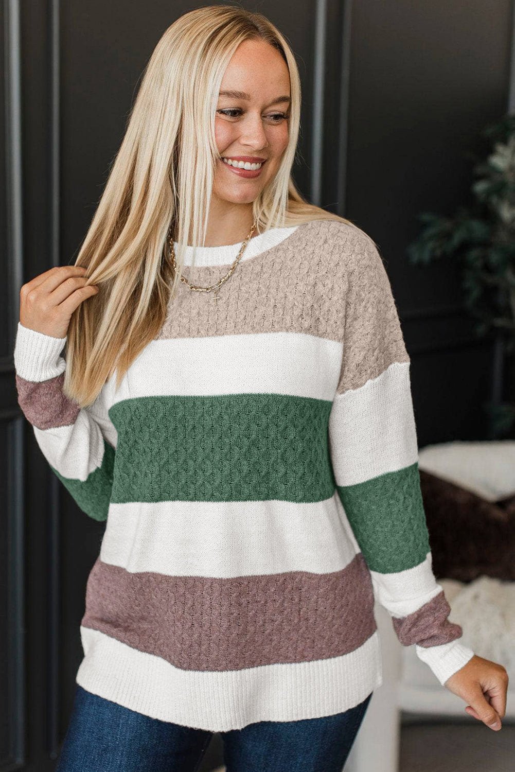 Green Mixed Texture Knit Striped Color Block Loose Sweater - Crowned Energy CO.