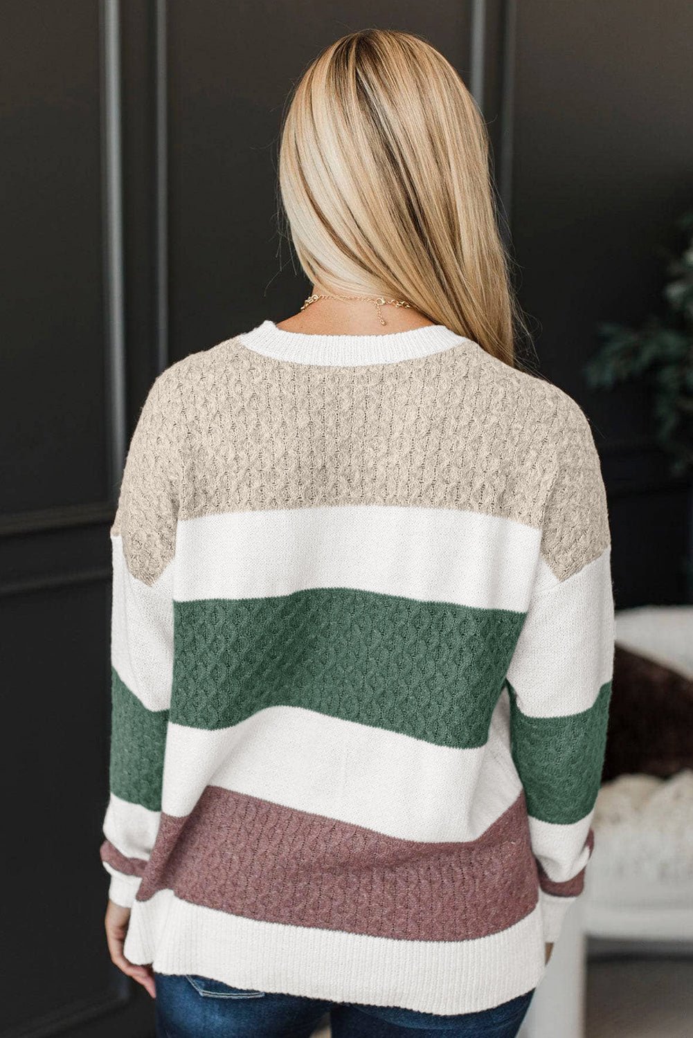 Green Mixed Texture Knit Striped Color Block Loose Sweater - Crowned Energy CO.