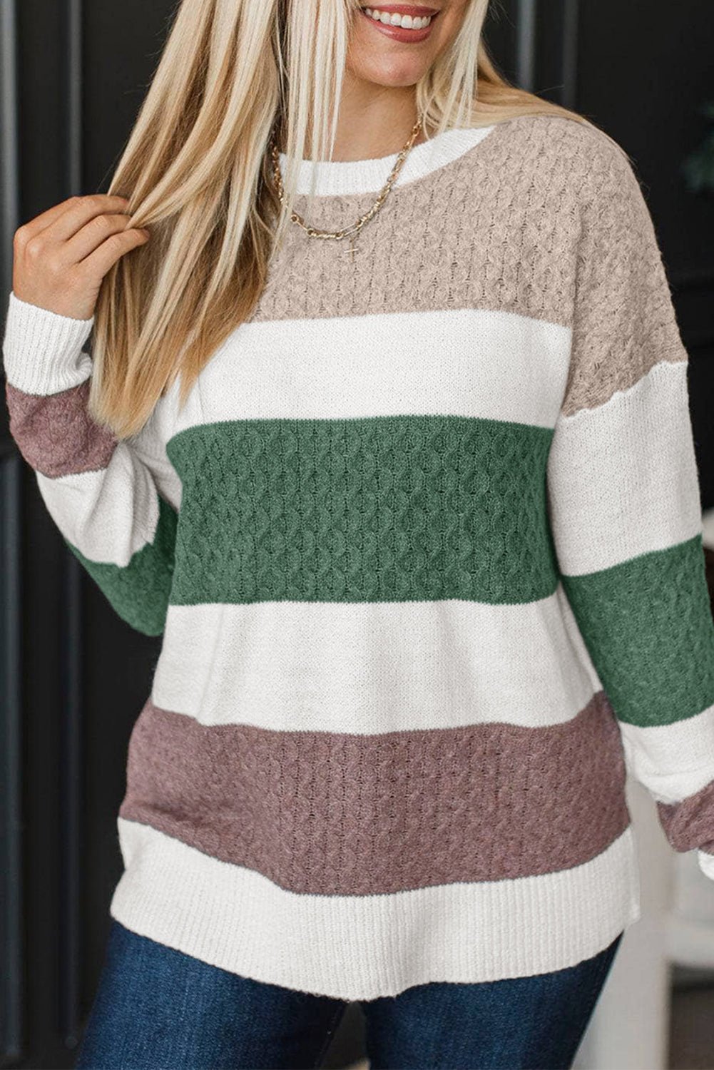 Green Mixed Texture Knit Striped Color Block Loose Sweater - Crowned Energy CO.
