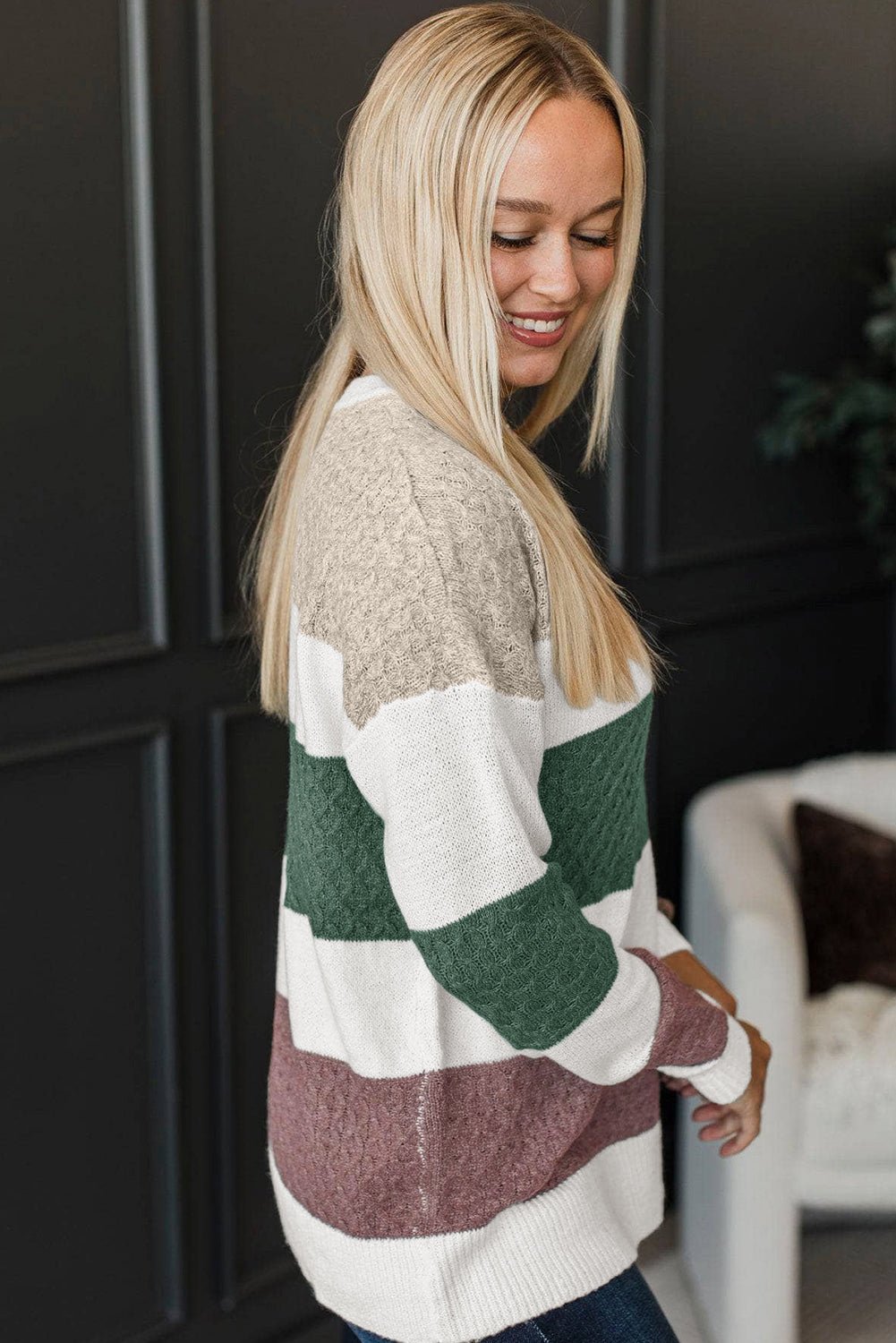 Green Mixed Texture Knit Striped Color Block Loose Sweater - Crowned Energy CO.
